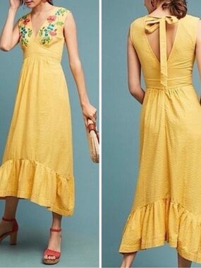 NWT Tracy Reese Anthropologie Catalina Floral Embroidered Yellow Midi Dress 2